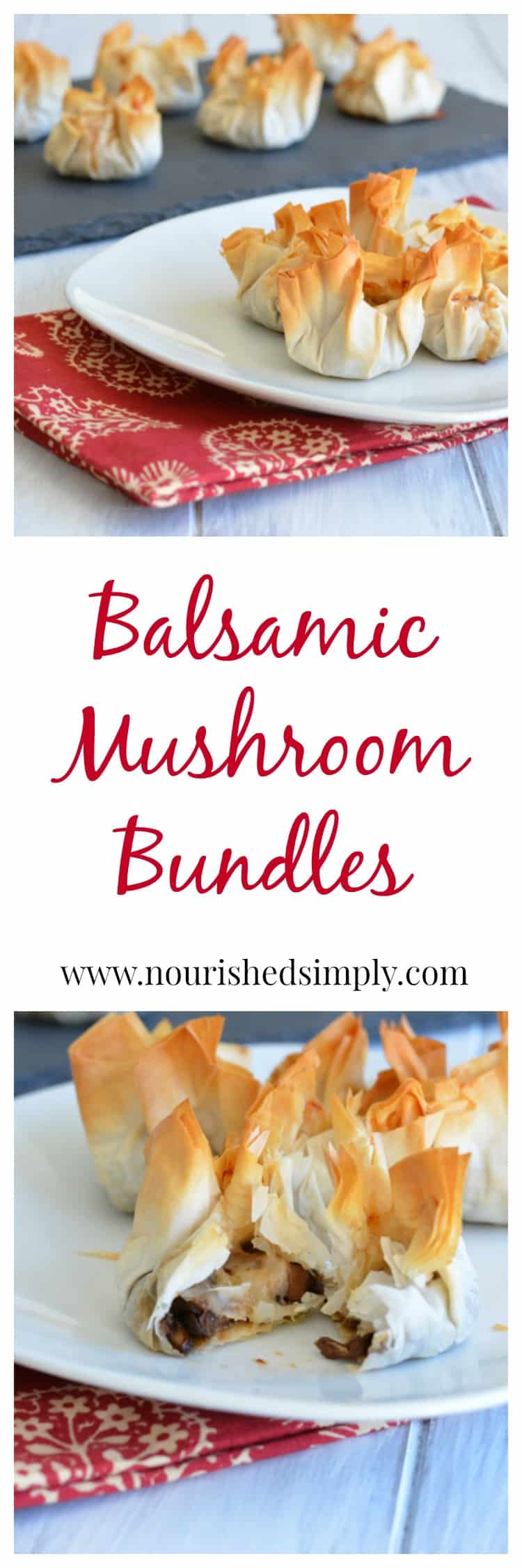 Balsamic Mushroom Bundles, a perfect meatless appetizer to add to your holiday party recipe list.
