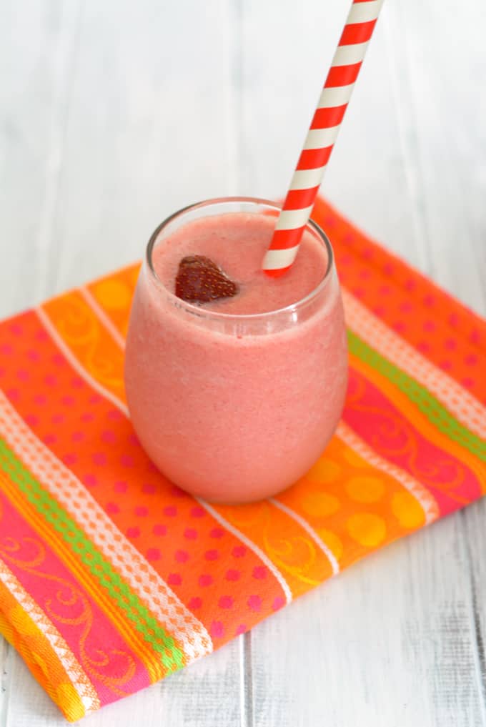 Skinny Strawberry Pina Colada is made with frozen fruit and lower sugar ingredients.