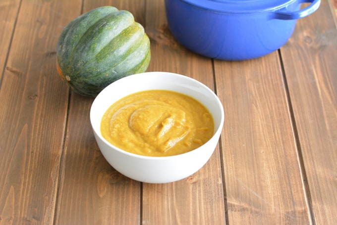 Acorn squash soup made plant-based ingredients is the perfect vegan soup for Thanksgiving or Meatless Monday.