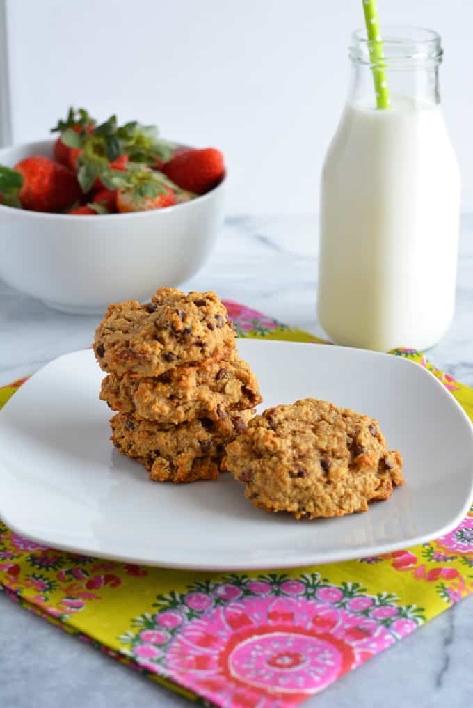 Peanut Butter Oatmeal Breakfast Cookie on a plate with milk.