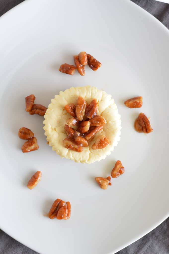 Mini Lower Sugar Cheesecakes are topped with candied pecans and complete with a gingersnap crust. Made with low sugar yogurt and stevia. Perfect for your holiday dessert.