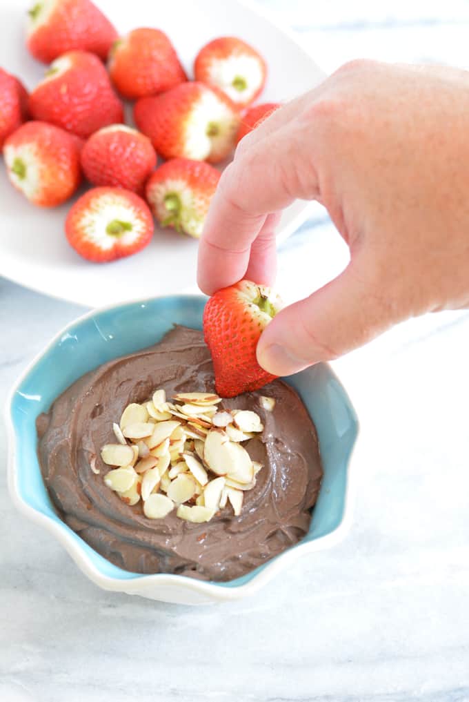 Salted Dark Chocolate Almond Dip is rich is protein and lower in sugar. Perfect snack to help you with your weight loss goals. #Ad