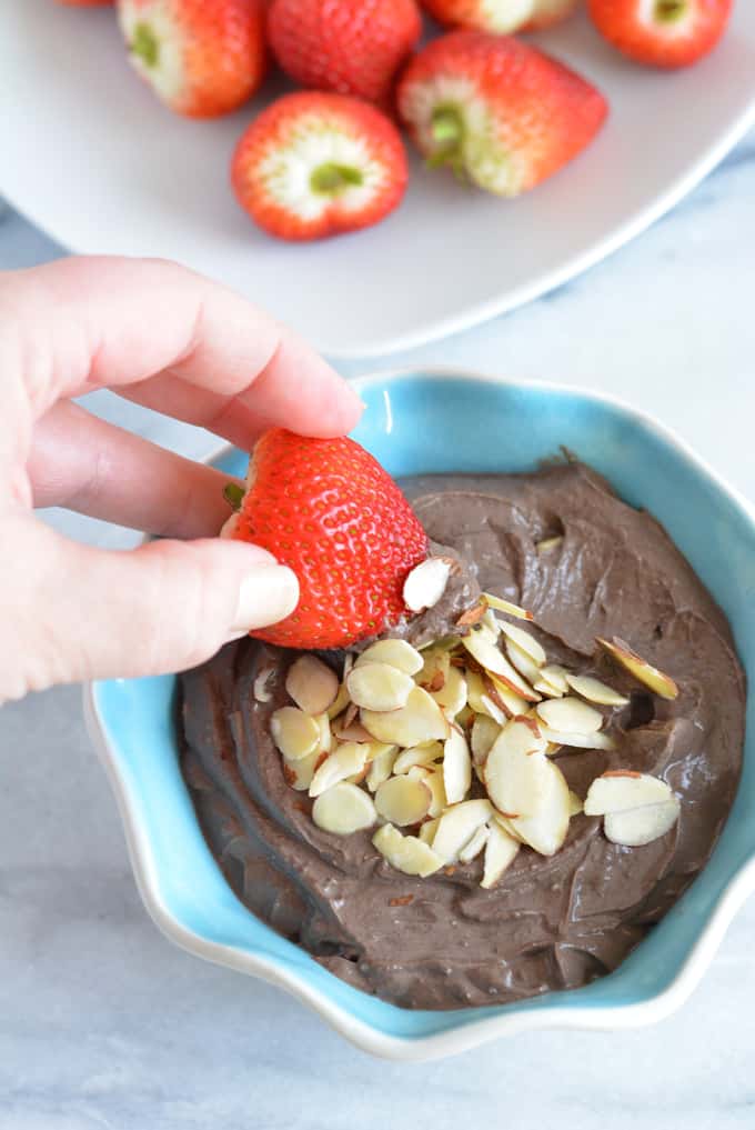 Salted Dark Chocolate Almond Dip is rich is protein and lower in sugar. Perfect snack to help you with your weight loss goals. #Ad