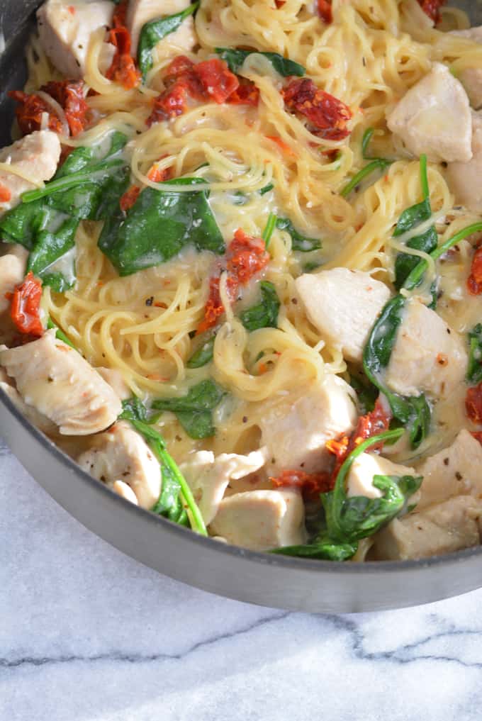 One-Pot Chicken Florentine with Sun-Dried Tomatoes is a perfect dinner meal for a busy family.