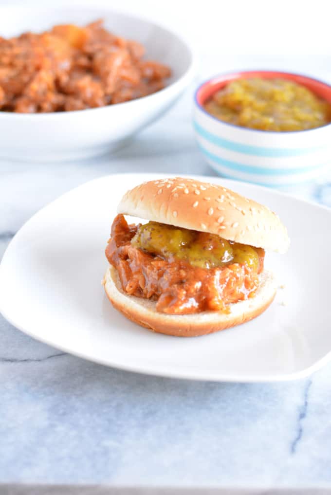 Slow Cooker Hawaiian Pulled Pork Topped with Mango Chia Jam is perfect for a crowd or for leftovers.