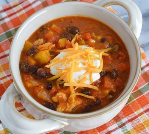 Leftover Turkey chili made with pumpkin puree, black beans, and butternut squash. A perfect way to use up leftover turkey.
