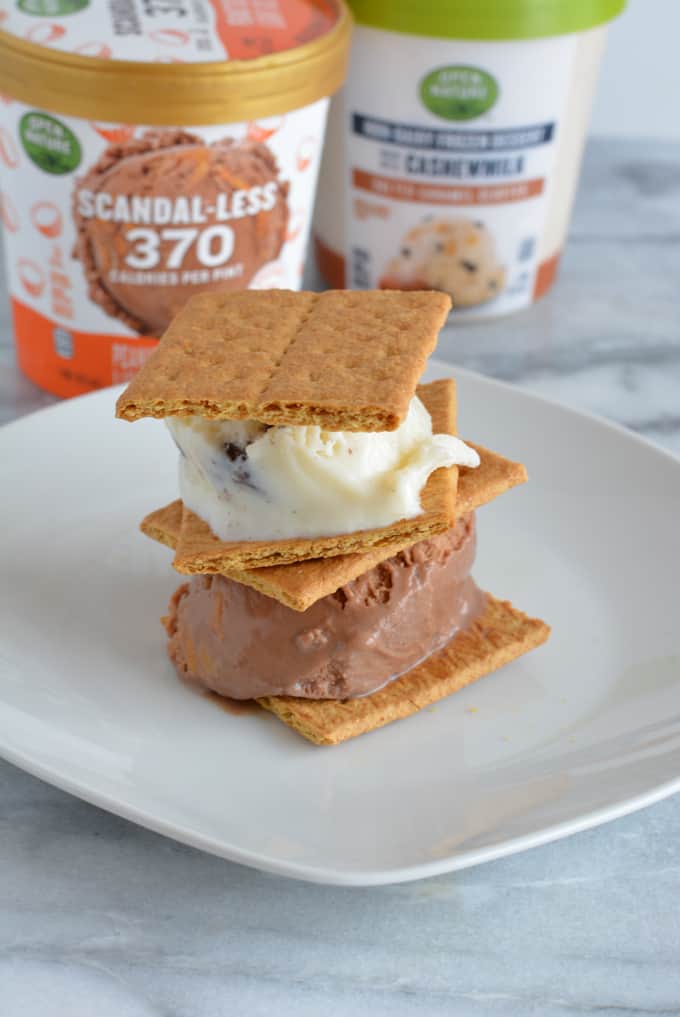 Low-calorie ice cream cookie sandwiches on a white plate. 