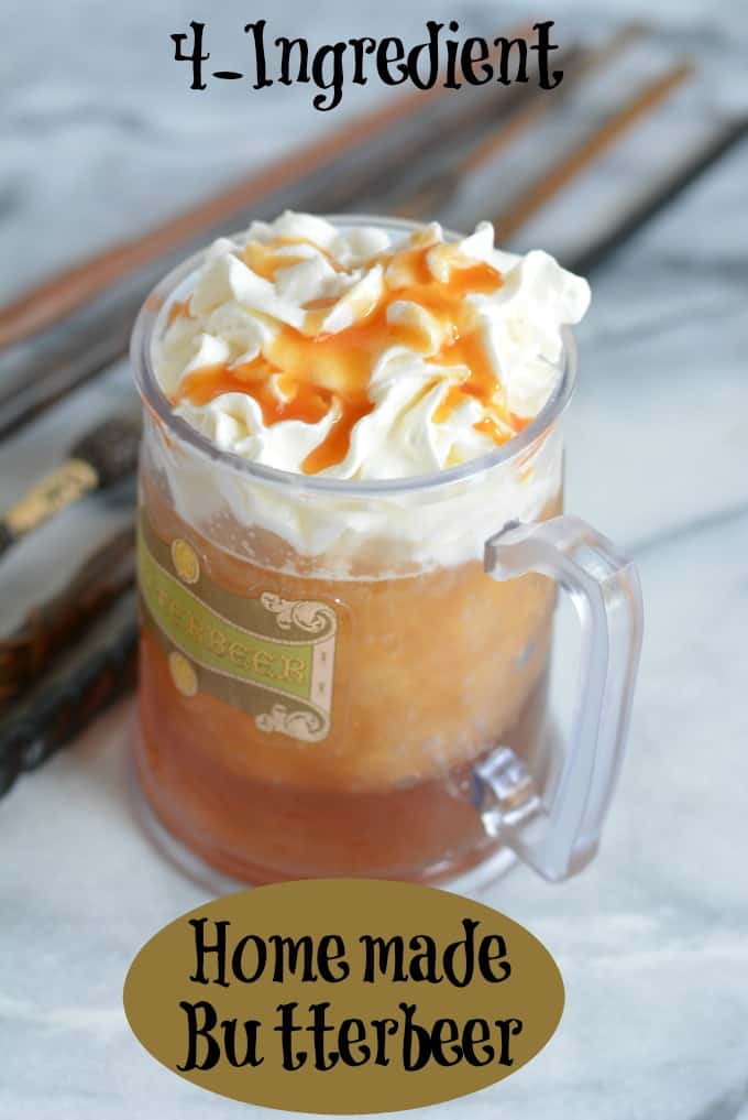 4-ingredient copycat frozen butterbeer will remind you of visiting the Wizarding World of Harry Potter. This homemade butterbeer recipe is easy to make and can be enjoyed by kids and adults. Make butterbeer for your next Halloween party. #kidfood #halloween #drink